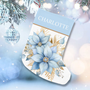 Petite Chaussette De Noël Fleur Icy Blue Gold Poinsettia Noël