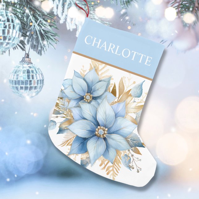 Petite Chaussette De Noël Fleur Icy Blue Gold Poinsettia Noël (Icy Blue Gold Poinsettia Flower Christmas Small Christmas Stocking)