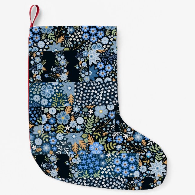 Petite Chaussette De Noël Fleurs Bleues Patchwork : Tissu sans couture. (Devant)