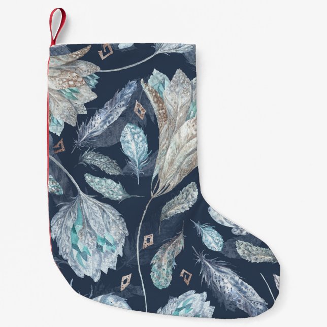Petite Chaussette De Noël Fleurs Boho Chic : Aquarelle bleu foncé P (Devant)