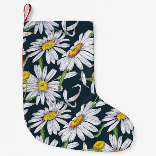 Petite Chaussette De Noël Fleurs chamomiles : Aquarelle bleu foncé. (Devant)