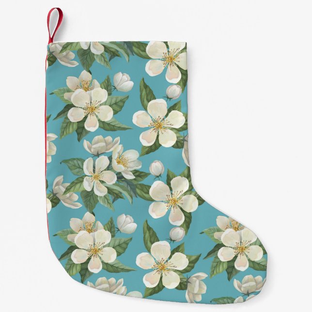 Petite Chaussette De Noël Fleurs d'aquarelle blanche Feuilles verts (Devant)
