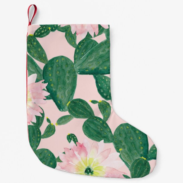 Petite Chaussette De Noël Fleurs de cactus : peinture aquarelle (Devant)