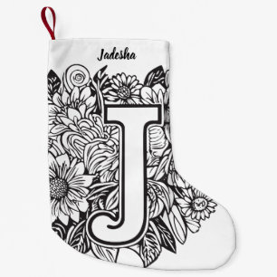 Petite Chaussette De Noël Fleurs d'encre de monogramme noir et blanc de styl