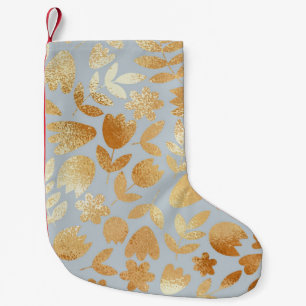 Petite Chaussette De Noël Fleurs d'or, arrière - plan bleu, imitation feuill