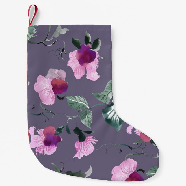 Petite Chaussette De Noël Fleurs violettes : motif aquarellé. (Devant)