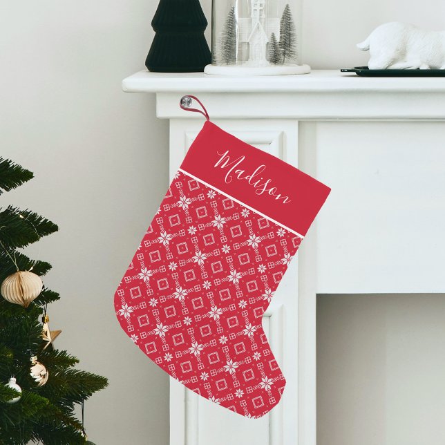 Petite Chaussette De Noël Flocon de neige moderne rouge nordique Personnalis (Créateur téléchargé)