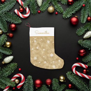 Petite Chaussette De Noël Flocons de neige et étoiles pailletés or personnal