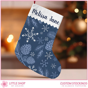 Petite Chaussette De Noël Flocons de neige et Pinecones Navy personnalisable
