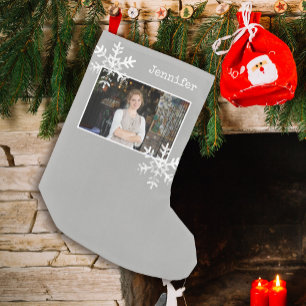 Petite Chaussette De Noël Flocons de neige rustiques gris Noël personnalisé