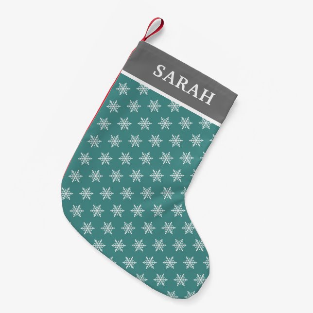Petite Chaussette De Noël Flocons de neige sarcelle et blanc (Devant (Accrochage))