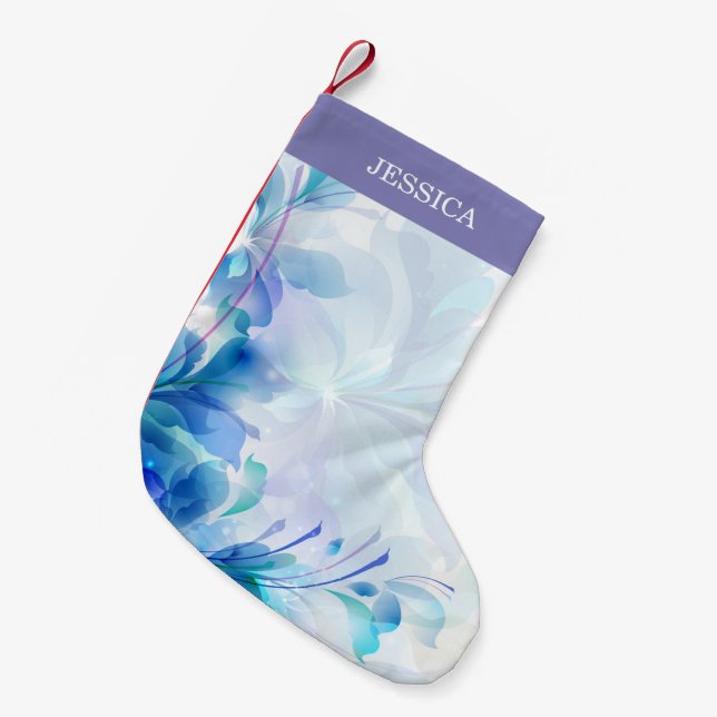 Petite Chaussette De Noël Floral Abstrait En Bleu Violet Et Blanc (Devant (Accrochage))