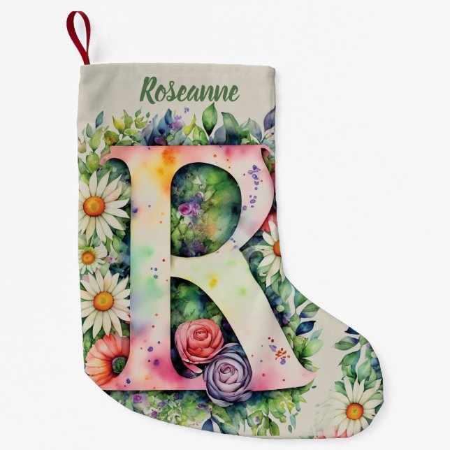 Petite Chaussette De Noël Floral Design personnalisé Monogramme Aquarelle Fl (Devant)