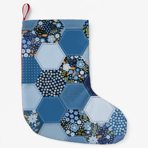Petite Chaussette De Noël Floral, patchwork de denim : motif bleu.