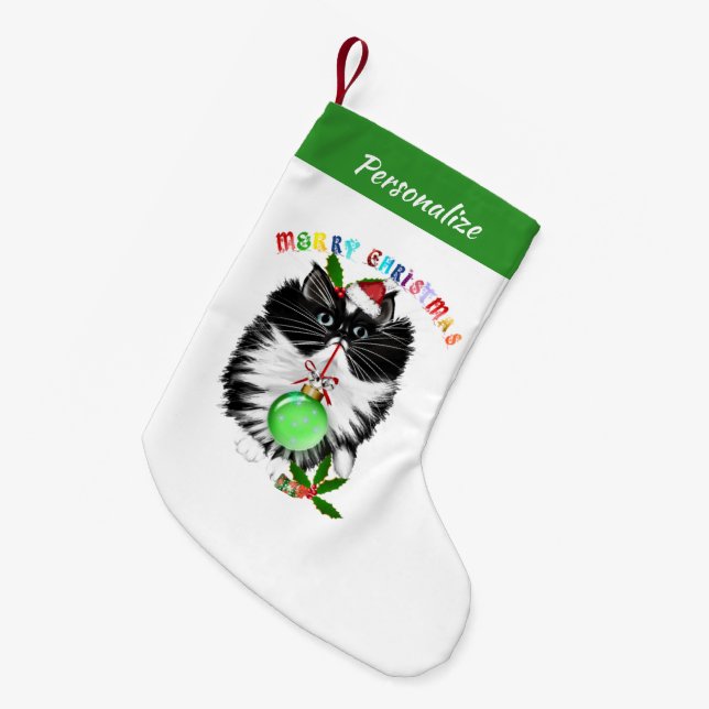 Petite Chaussette De Noël Fluffy Black And White Cat Santa Hat Christmas (Devant (Accrochage))