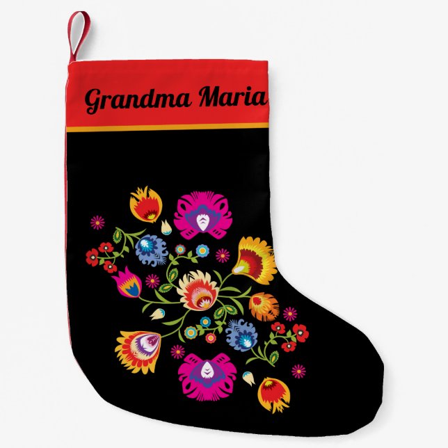Petite Chaussette De Noël folklore polonais avec fleurs roses (Devant)