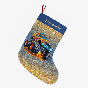 Petite Chaussette De Noël Fond scintillant de Noël avec camion monstre en fl