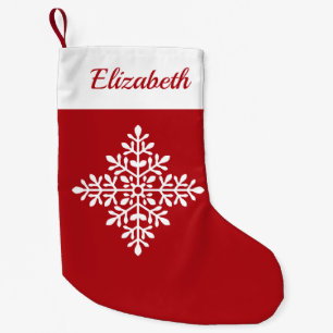 Petite Chaussette De Noël Forme de flocon de neige blanc sur fond rouge avec