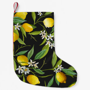 Petite Chaussette De Noël Fruits vintages au citron et fleurs sur fond foncé