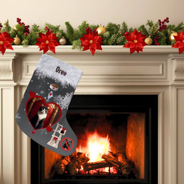 Petite Chaussette De Noël Funny Gray Black Cat Christmas Wishes Pet Photo (Funny stocking for cat lovers with your uploaded photo and things kitty may want for Christmas)