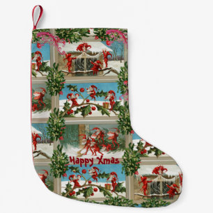 PETITE CHAUSSETTE DE NOËL FUNNY RED CHRISTMAS ELVES, HOLLYBERRIES, MISTLETOE