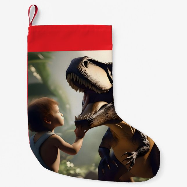 Petite Chaussette De Noël Géant doux : Le T-Rex amical qui aime un chat (Devant)
