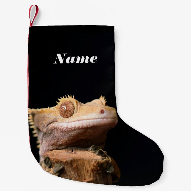 Petite Chaussette De Noël Gecko Lizard en crête sur noir (Devant)
