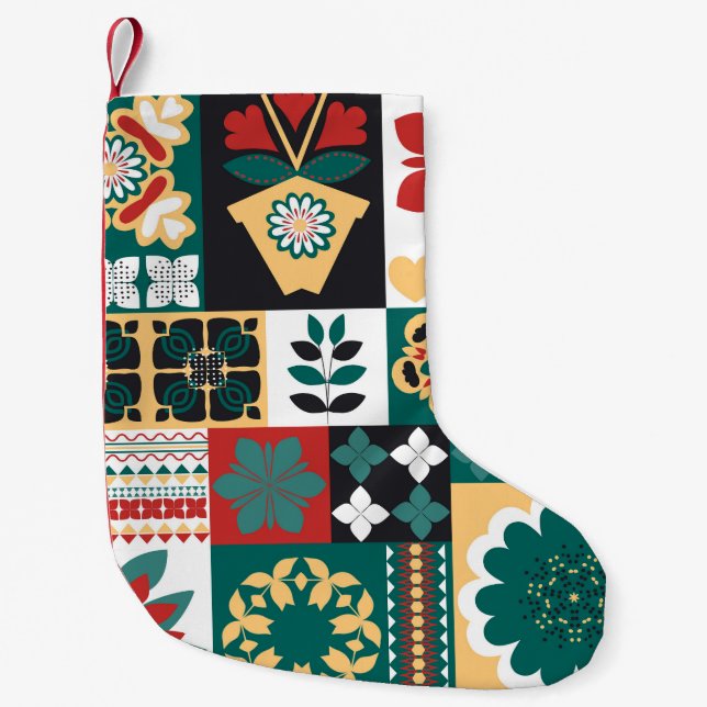 Petite Chaussette De Noël Géométrique mexicaine : Ornement vert rouge. (Devant)