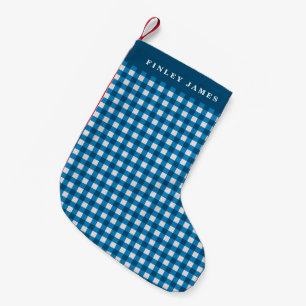 Petite Chaussette De Noël Gingham à carreaux bleu et blanc personnalisé 