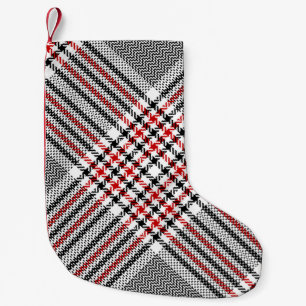 Petite Chaussette De Noël Glen plaid motif. Noir, rouge, blanc goudron trans