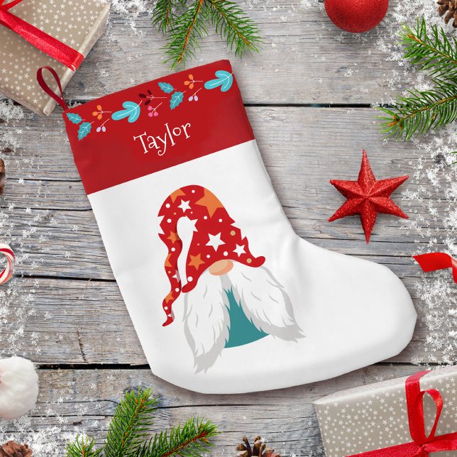 Petite Chaussette De Noël Gnome mignonne moderne Feuille rouge Nom de la fro (Créateur téléchargé)