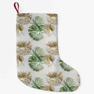Petite Chaussette De Noël Gold Green White Feuilles tropicaux