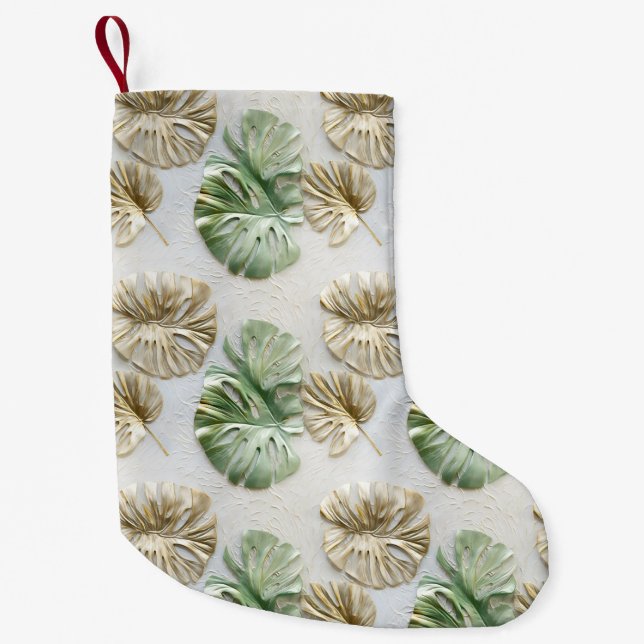 Petite Chaussette De Noël Gold Green White Feuilles tropicaux (Devant)