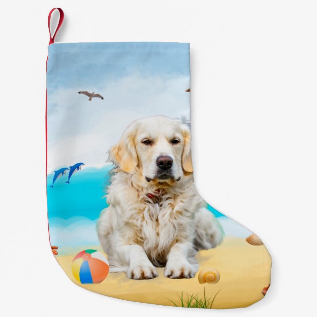 Petite Chaussette De Noël Golden Retriever Dog sur la plage (Devant)