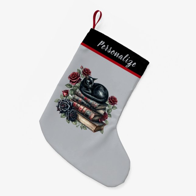 Petite Chaussette De Noël Gothic Black Cat on Books Red Roses Christmas (Devant (Accrochage))