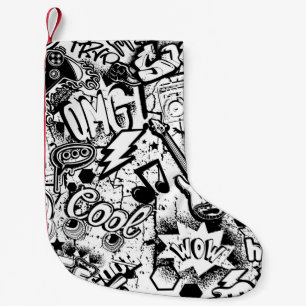 Petite Chaussette De Noël Graffiti Abstrait en noir et blanc 