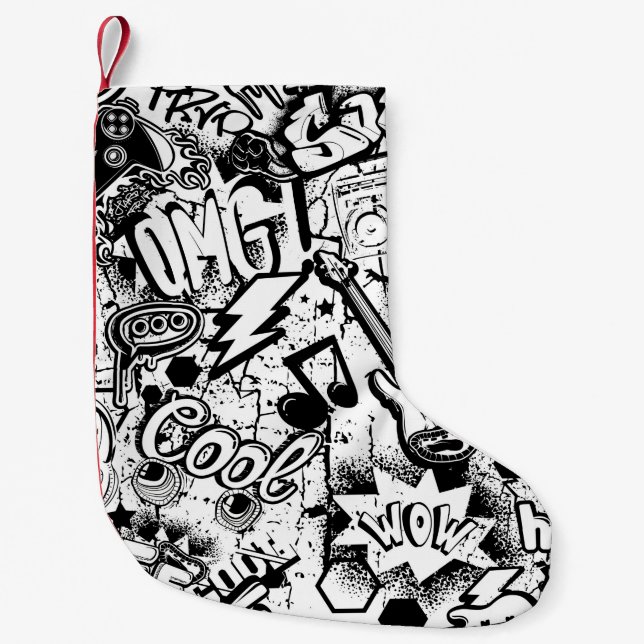 Petite Chaussette De Noël Graffiti Abstrait en noir et blanc  (Devant)