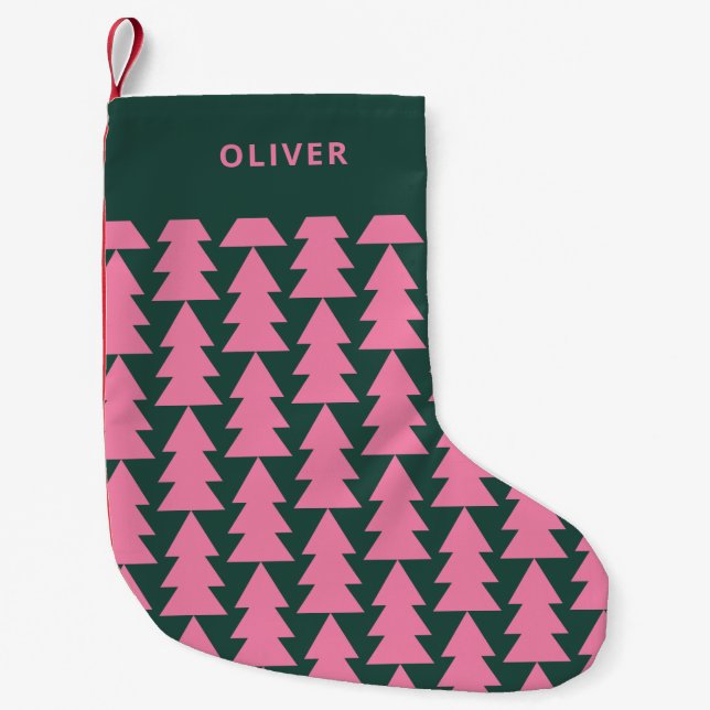 Petite Chaussette De Noël Graphique d'arbre de Noël vert rose moderne (Devant)