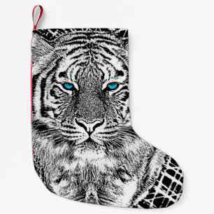 Petite Chaussette De Noël Graphique noir et blanc de tigre d'yeux bleus