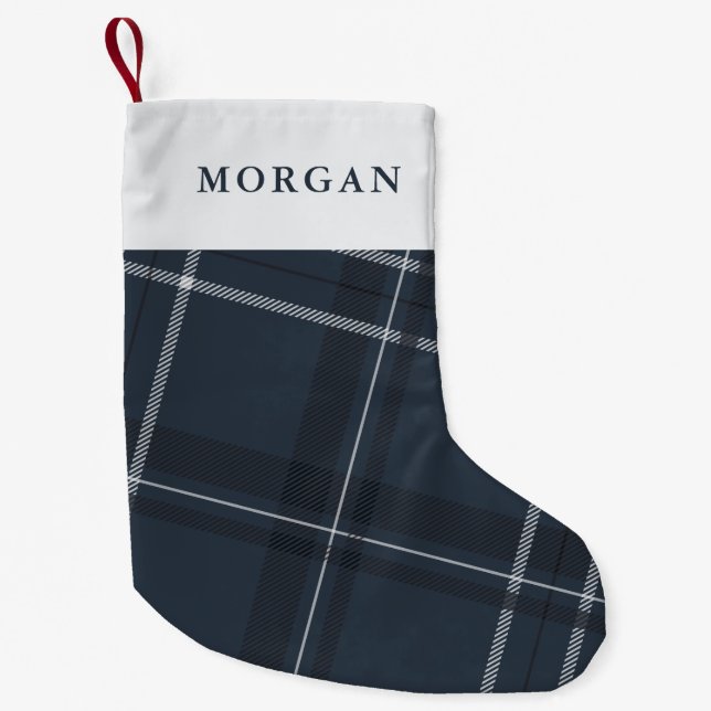 Petite Chaussette De Noël Gras moderne plaid marine bleu personnalisé (Devant)