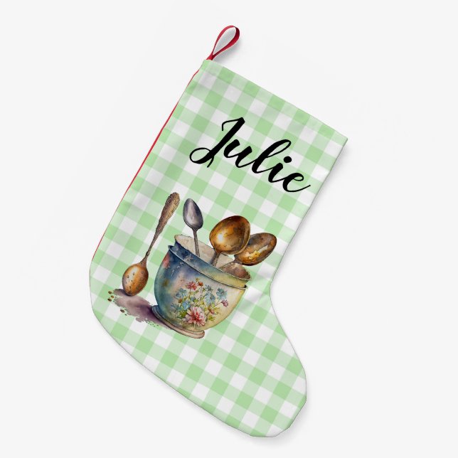 Petite Chaussette De Noël "Green and White Checkered - Spoons in Cup (Devant (Accrochage))