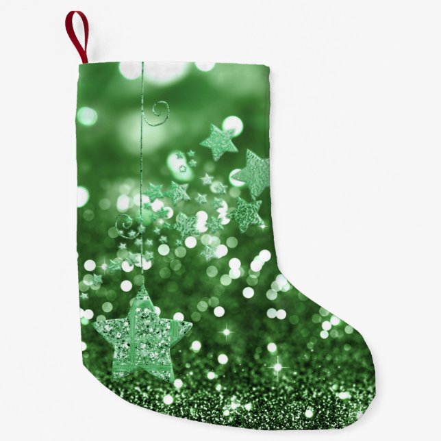 Petite Chaussette De Noël Green Bokeh Faux Parties scintillant et étoiles (Devant)