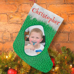 Petite Chaussette De Noël Green Joyeux Noël personnalisé Nom photo unique Am<br><div class="desc">Photo personnalisée Nom personnalisé vert moderne imprimé polaire Petit magasin de Noël</div>