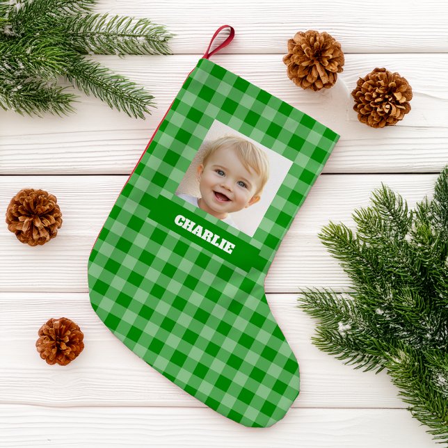 Petite Chaussette De Noël Green Plaid Kid Photo & Name Gingham Rustic Checks (Créateur téléchargé)