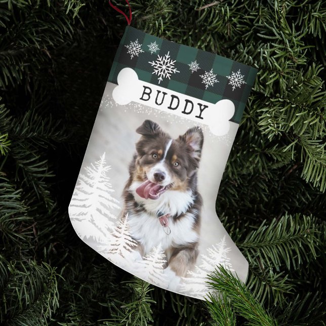 Petite Chaussette De Noël Green Plaid Rustic Pine Trees Chien Bone Animal Ph (Créateur téléchargé)