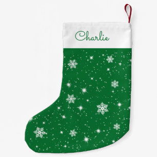 Petite Chaussette De Noël Green White Snowflakes Étoiles Motif avec nom