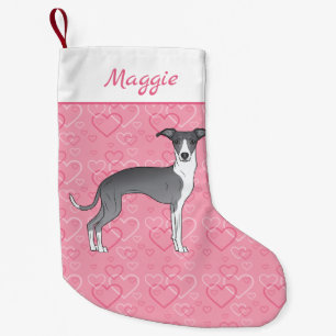 Petite Chaussette De Noël Greyhound Italien Bleu Et Blanc Sur Coeurs Rose