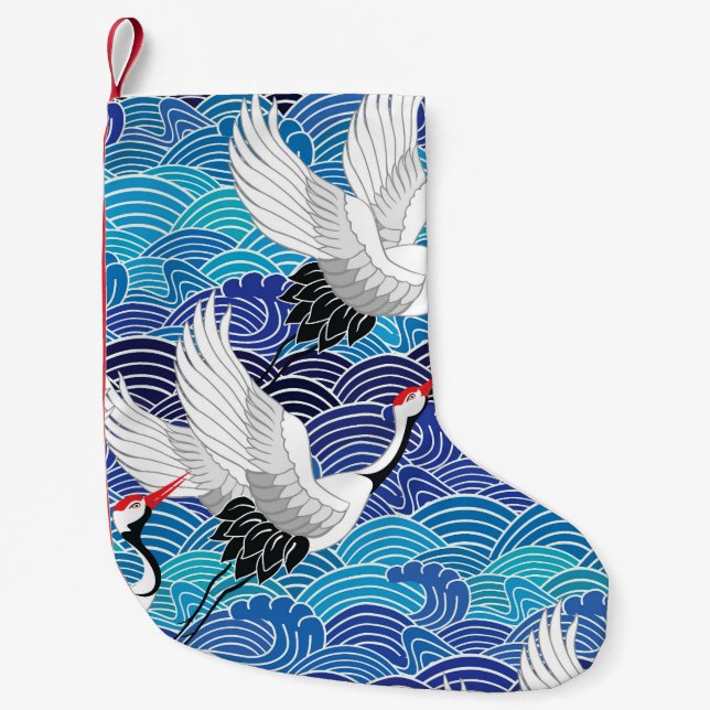 Petite Chaussette De Noël Grue japonaise : Motif orné d'oiseaux. (Devant)