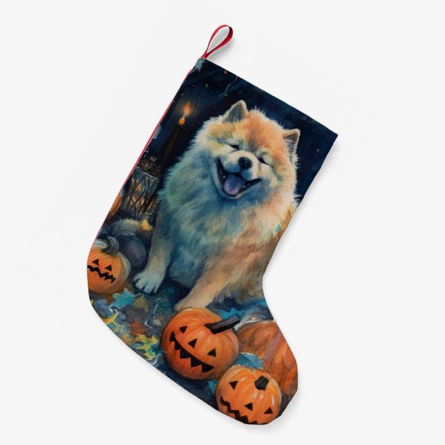 Petite Chaussette De Noël Halloween Chow Chow Avec La Peur Citrouille (Devant (Accrochage))