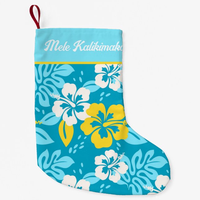 Petite Chaussette De Noël Hibiscus hawaïen bleu motif floral (Devant)